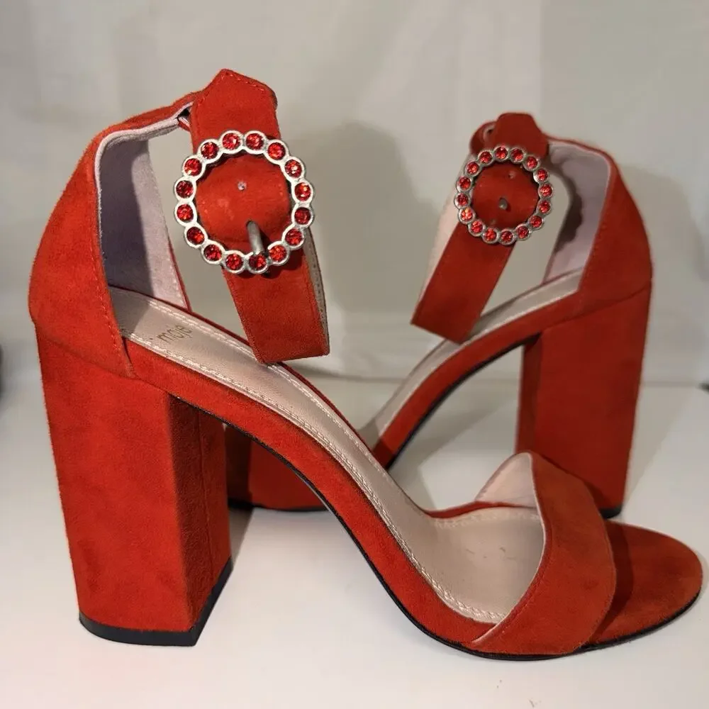 Maje Faria Red Suede Block Heel Sandals 37 US 6.5 Crystal Buckle Portugal JB2